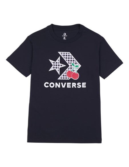 CAMISETA NEGRA CONVERSE LETRAS CUADROS CEREZA (10026042-A02). CAMISETA NEGRA CONVERSE LETRAS CUADROS CEREZA (10026042-A02).