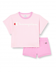 Conjunto Completo Champion Legacy Icons G para Niñas: Camiseta con Cuello Redondo y Shorts, Estilo y Comodidad (404966-PINK).