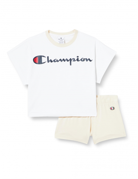 Conjunto Completo Champion Legacy Icons G para Niñas: Camiseta y Shorts con Estilo Deportivo y Comodidad Duradera (404966-WHT).