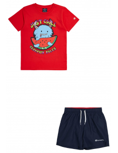 Conjunto Champion Legacy Back To The Beach B para Niños en Rojo: Camiseta con Cuello Redondo y Pantalones Cortos Gráficos (3067