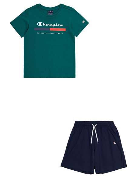 Conjunto Champion Legacy Graphic Shop B para Niños y Adolescentes en Verde: Camiseta con Cuello Redondo y Pantalones Cortos (30