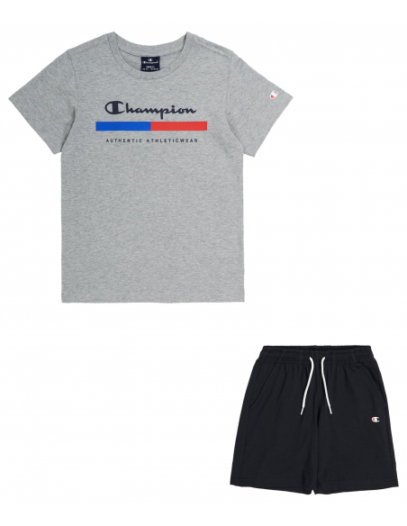 Conjunto Champion Legacy Graphic Shop B para Niños y Adolescentes en Gris: Camiseta con Cuello Redondo y Pantalones Cortos (306